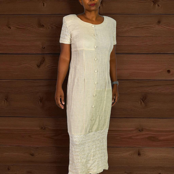 KC Spencer Column Straight Midi Dress Tan Mixed Print Checks Gingham Deadstock 8 - Picture 8 of 16